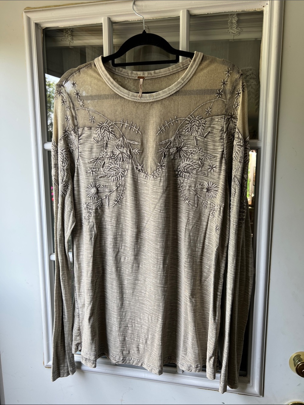 Free People Olive-Taupe Embroidered Long Sleeve Tunic